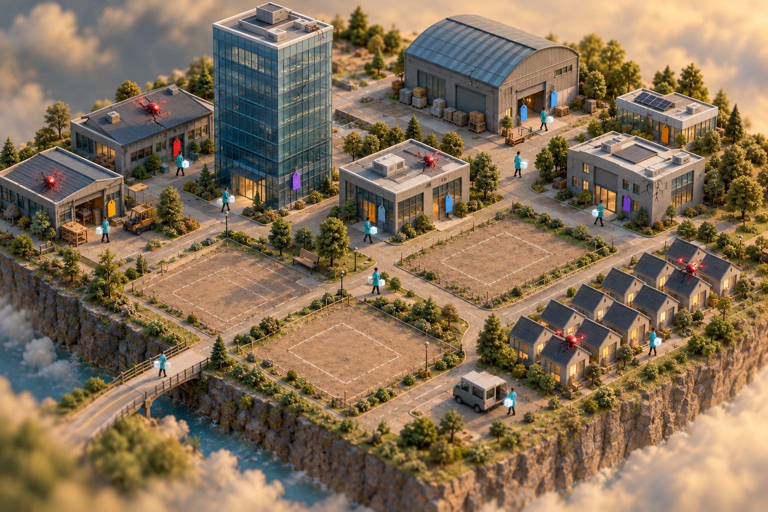 Isometric miniature town of software buildings on a cliff above the clouds, where medics in teal coats carry glowing parcels between buildings marked with coloured tags, red drones sit on a few roofs, and three cleared plots stand empty.
