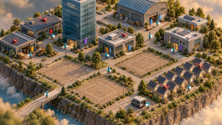 Isometric miniature town of software buildings on a cliff above the clouds, where medics in teal coats carry glowing parcels between buildings marked with coloured tags, red drones sit on a few roofs, and three cleared plots stand empty.