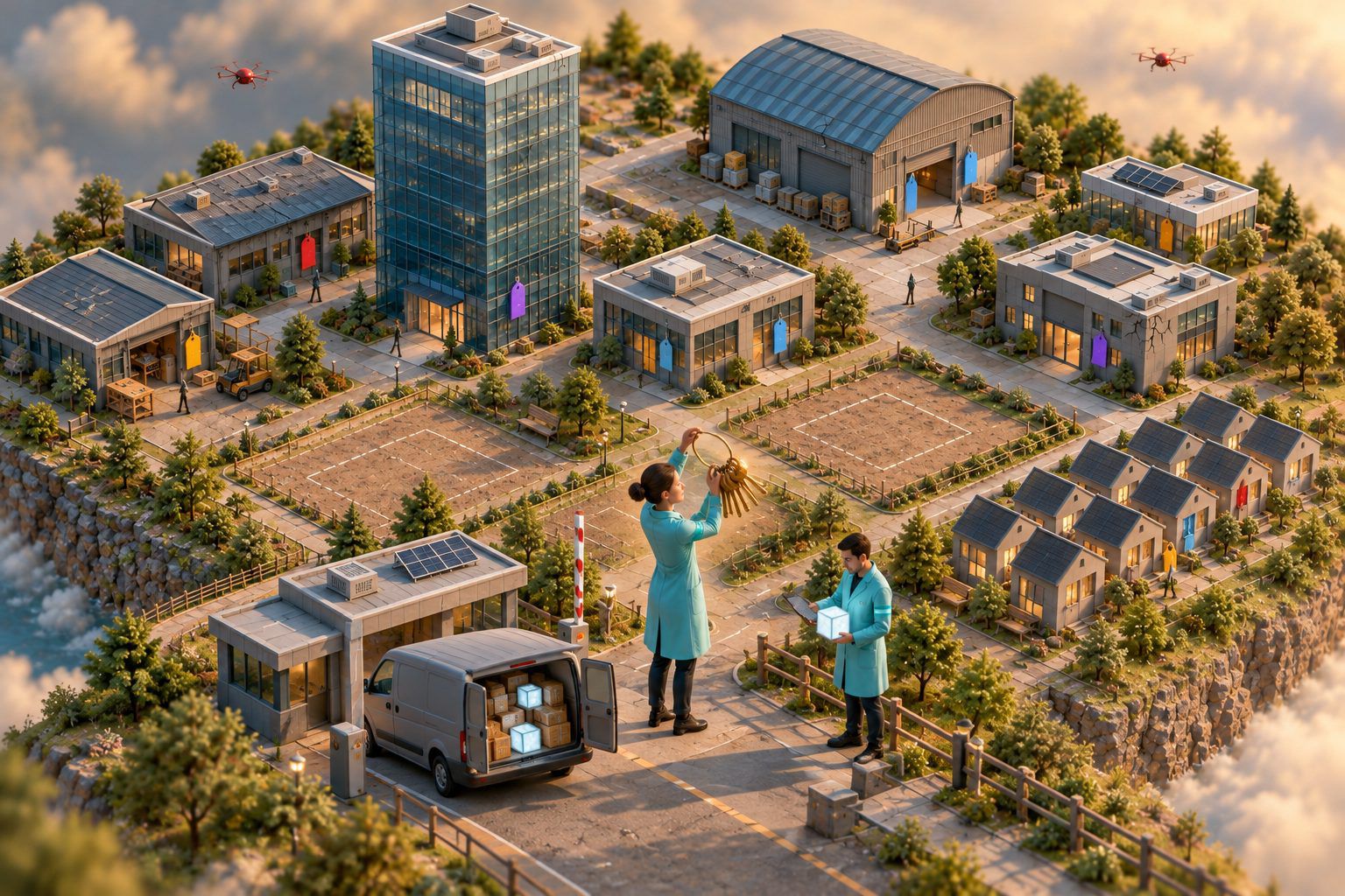 Isometric town at its entrance, where a medic holds up a large ring of keys next to a delivery van full of parcels while a second medic checks a parcel on a tablet.