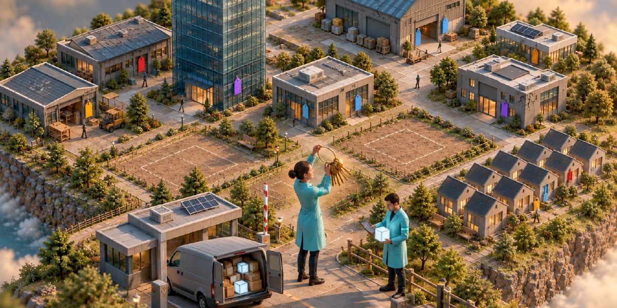 Isometric town at its entrance, where a medic holds up a large ring of keys next to a delivery van full of parcels while a second medic checks a parcel on a tablet.